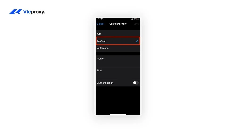 Trong mục HTTP Proxy, chuyển chế độ từ Off sang Manual
