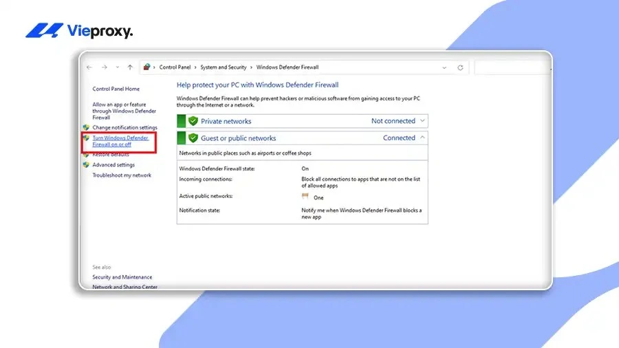 Bước 3: Để bật tường lửa, nhấn "Turn Windows Defender Firewall on or off"