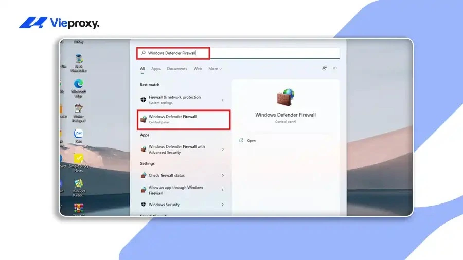 Nhấn Windows + S, gõ "Windows Defender Firewall"