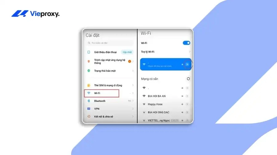 Chọn Wi-Fi, trên Samsung One UI, mục này nằm trong Kết nối → Wi-Fi.