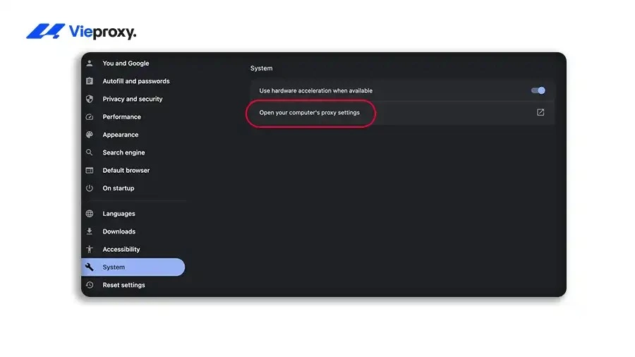 Nhấn "Open your computer's proxy settings"