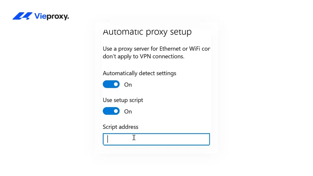 Bước 3 (tuỳ chọn): Nếu IT admin cung cấp URL file PAC, bật thêm "Use setup script" → nhập URL → nhấn Save