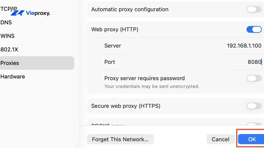 Chọn giao thức proxy và nhập IP, Port