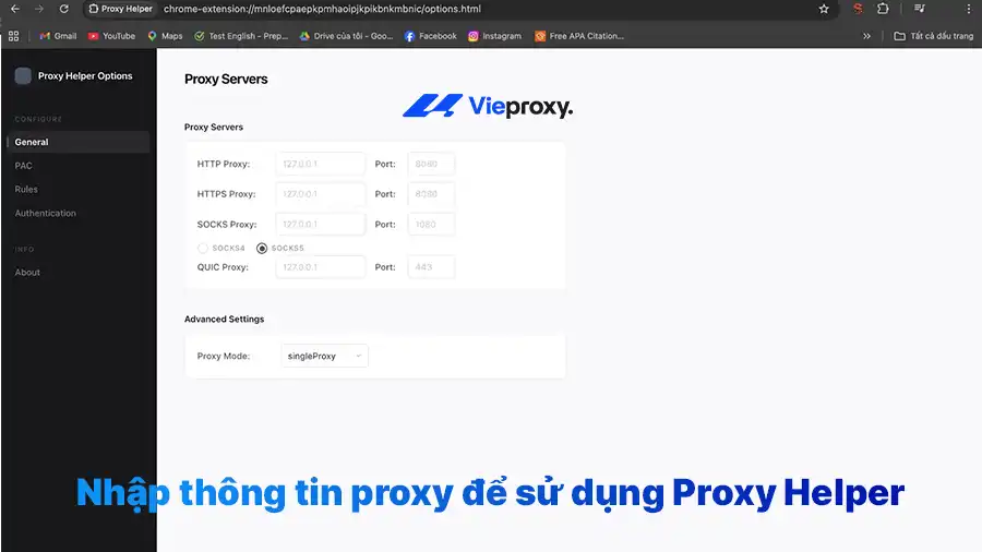 Nhập thông tin proxy để sử dụng Proxy Helper