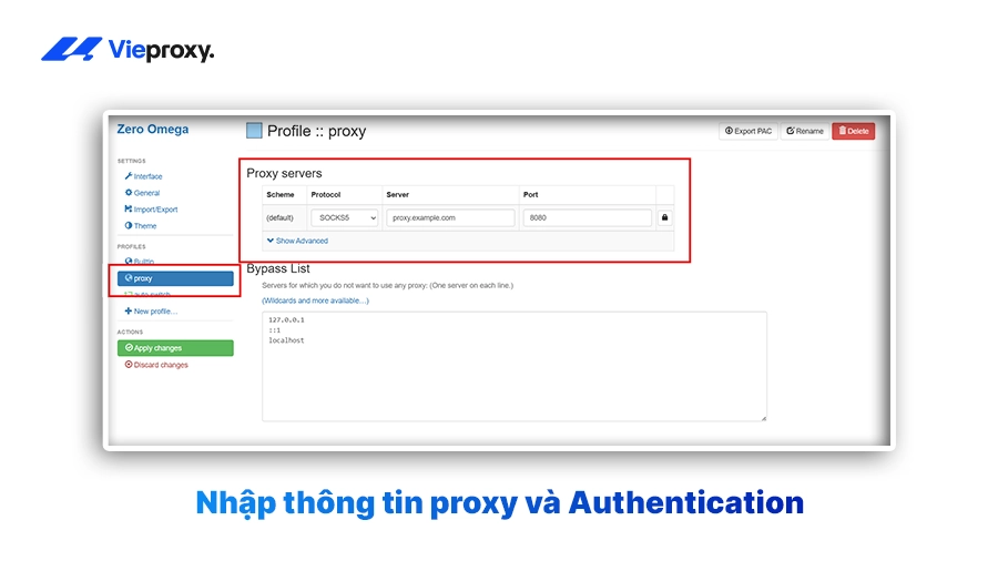 Nhập thông tin proxy và Authentication